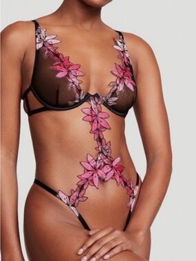 Victoria's Secret Black Sheer Bodysuit with Pink Floral Appliqué